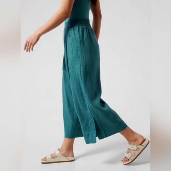 Athleta Green Playa 100% Linen Wide Crop Pants High Rise Elastic Waist Size 4 - Picture 3 of 13